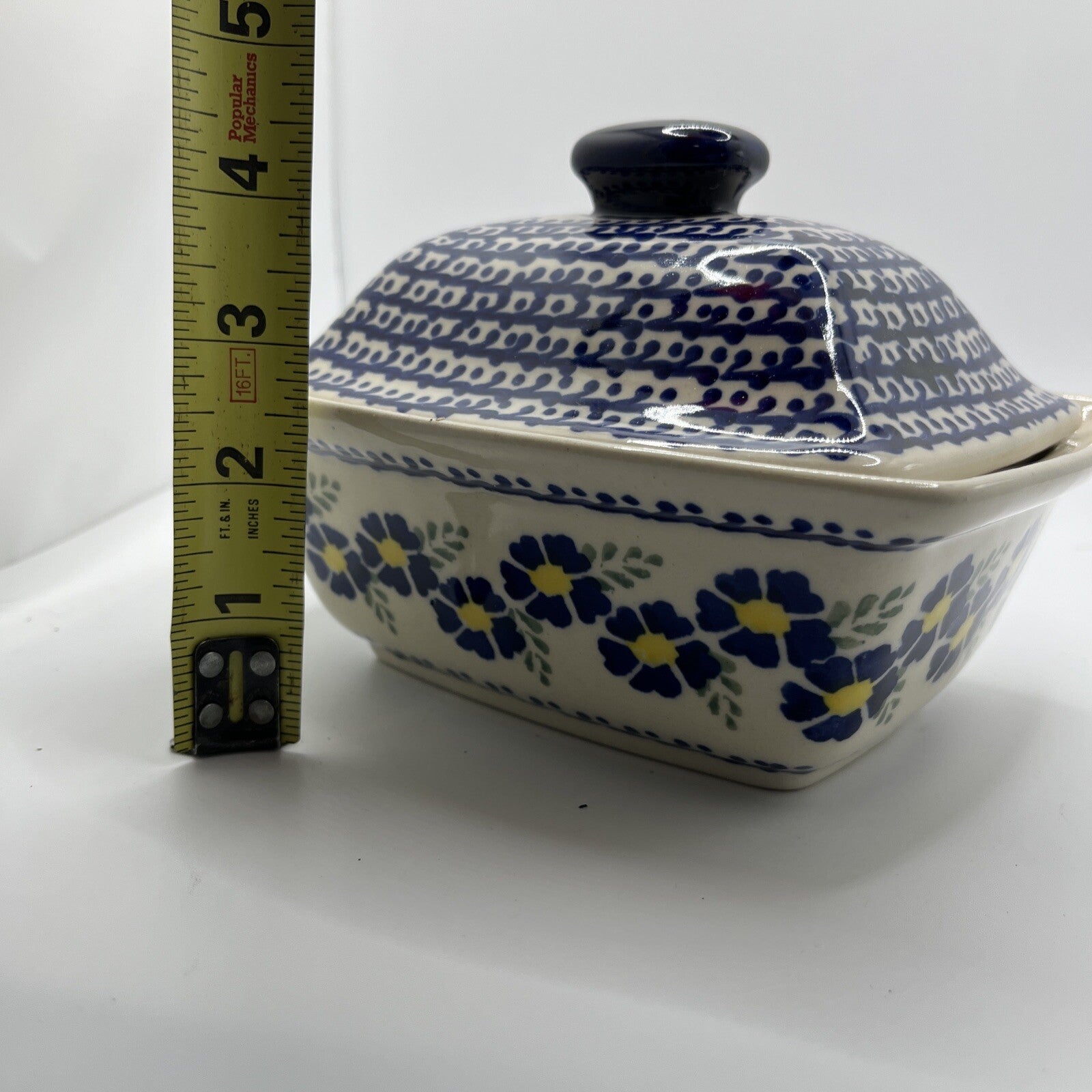 Boleslawiec Polish Pottery Covered Dish w/Spoon Slot 6.75" Yellow/Blue No Spoon