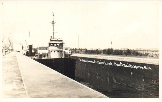 RPPC Large Boat Leaving Sabin Lock Sault Ste. Marie MI Michigan Mich Postcard