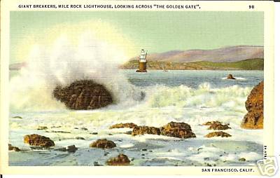Giant Breakers Mile Rock Lighthouse San Francisco Bay California CA Postcard