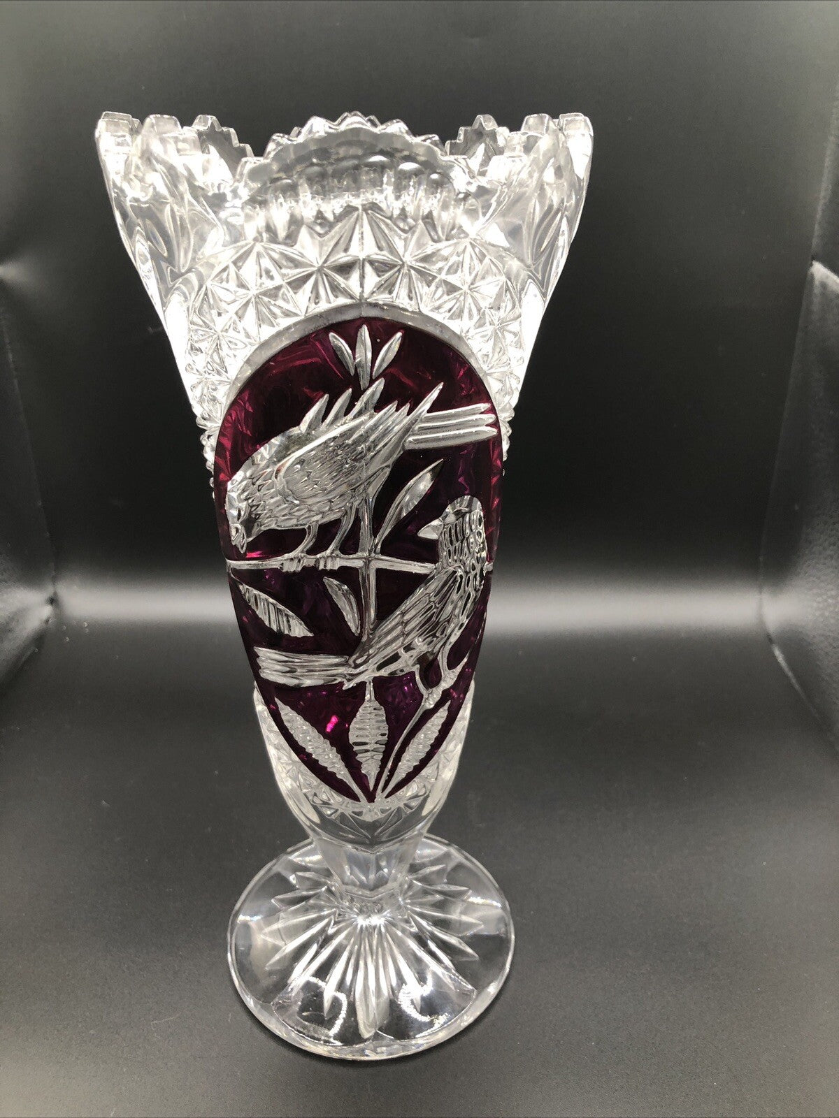 Vintage 1970'S Hofbauer Byrdes Lead Crystal Vase Cut to Clear Red Birds 10.5"