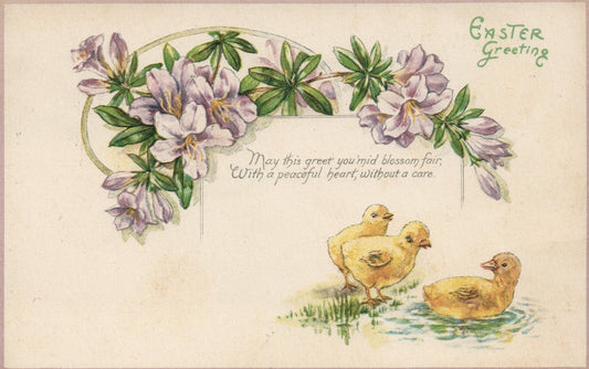 Chicks In Water Purple Flowers Easter Poem Easter Greetings Postcard