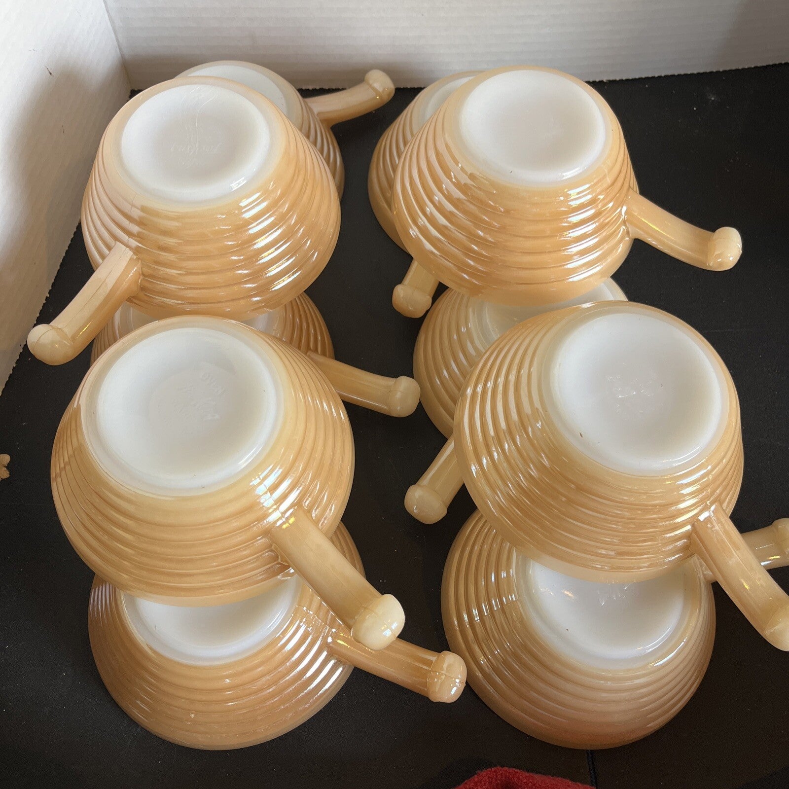 Fire King Iridescent Peach Luster Beehive Oven Ware Bowl w/Handle Vtg USA (10)