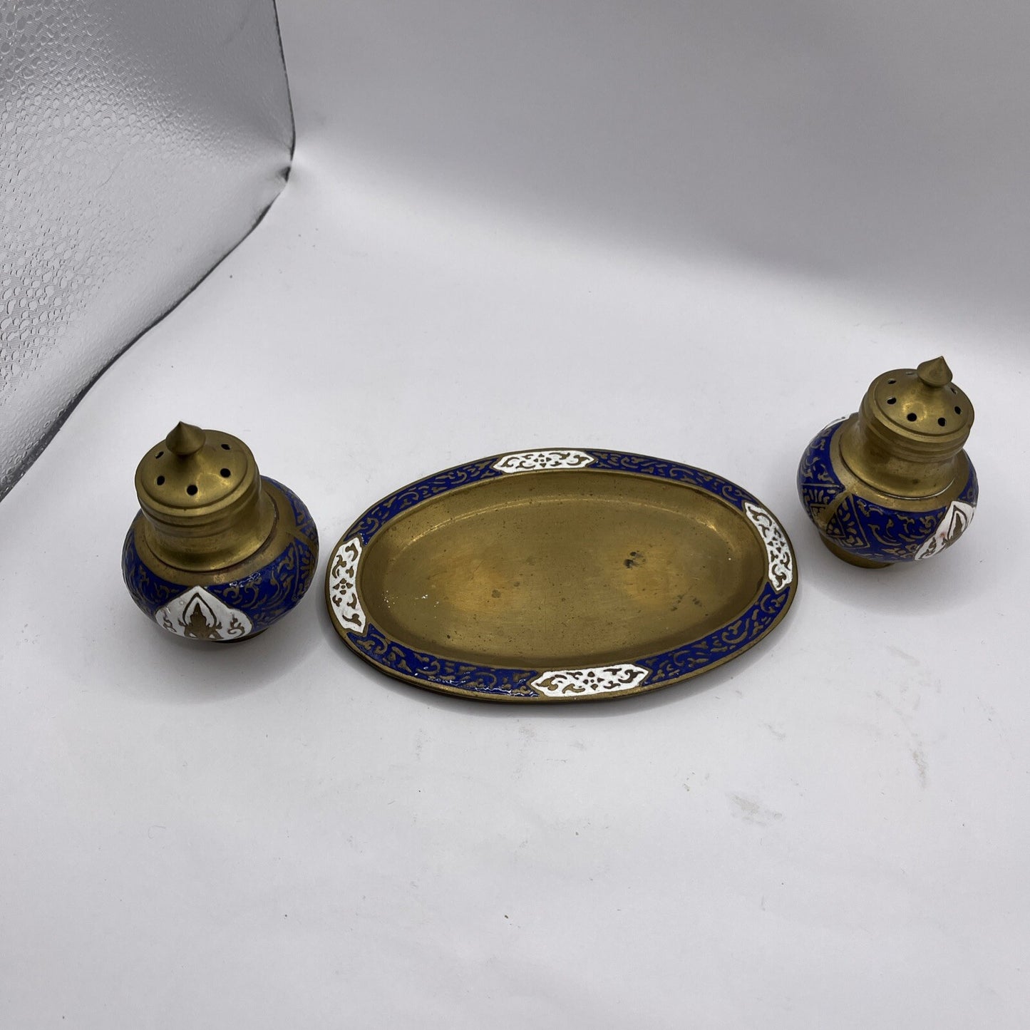 Vintage Brass Blue Enamel Salt Pepper Shakers Holder Tray set used