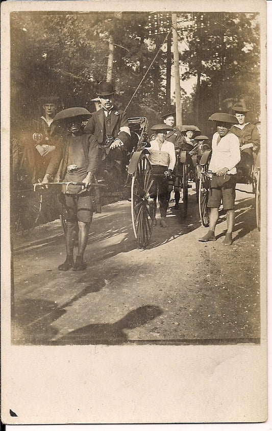 Real Photo Rickshaw with military men in uniform China Postcard