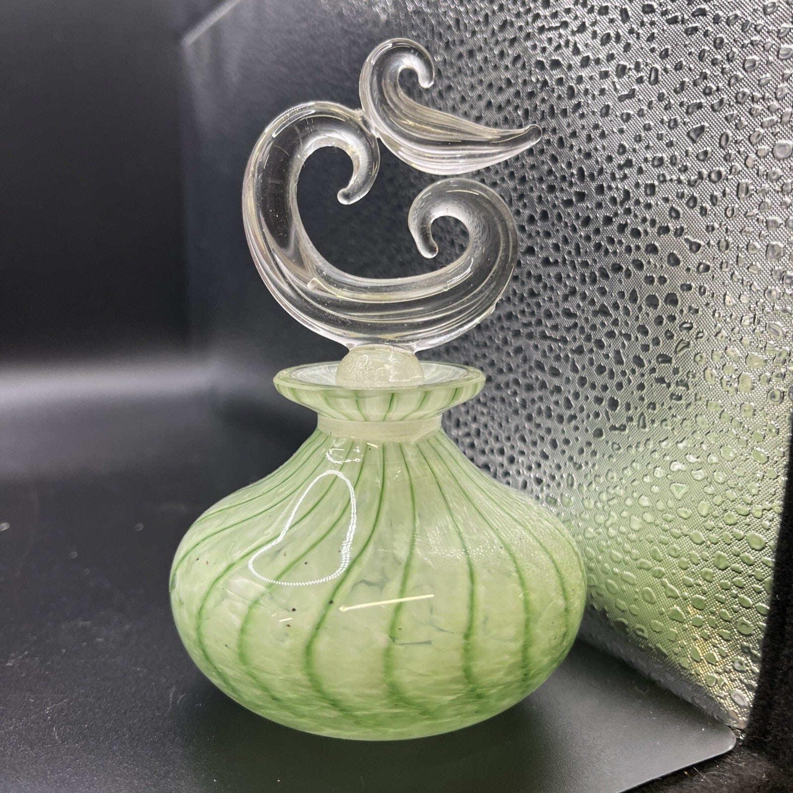 Art Glass Satin Blown Swirl Drape Motif Perfume Bottle Green Clear Stopper Vtg