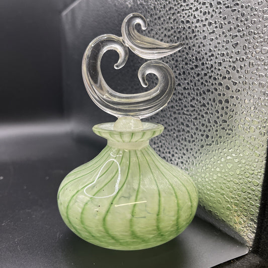 Art Glass Satin Blown Swirl Drape Motif Perfume Bottle Green Clear Stopper Vtg