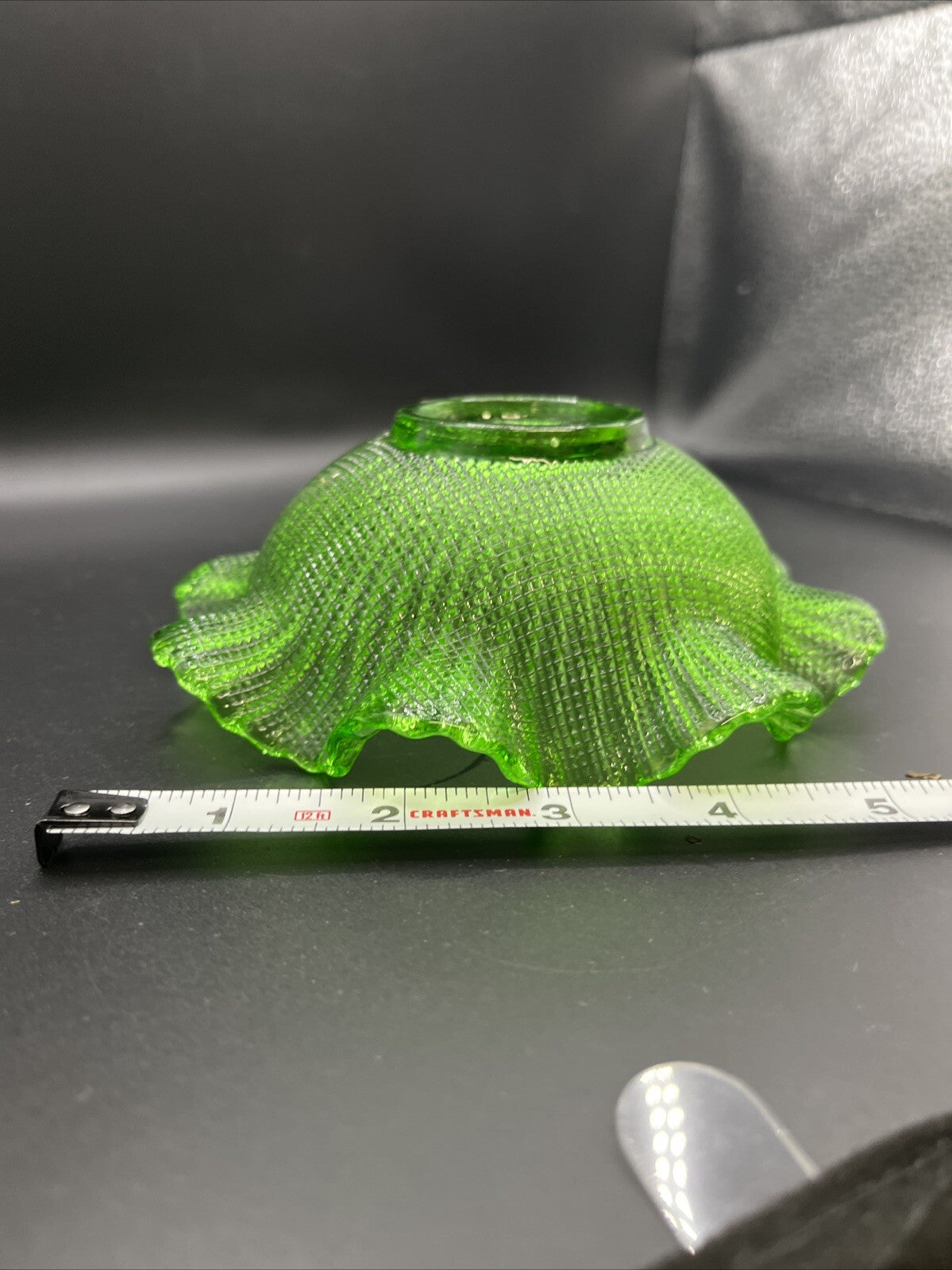 Vintage Green Glass Waffle Pattern Bowl With Ruffled Edge