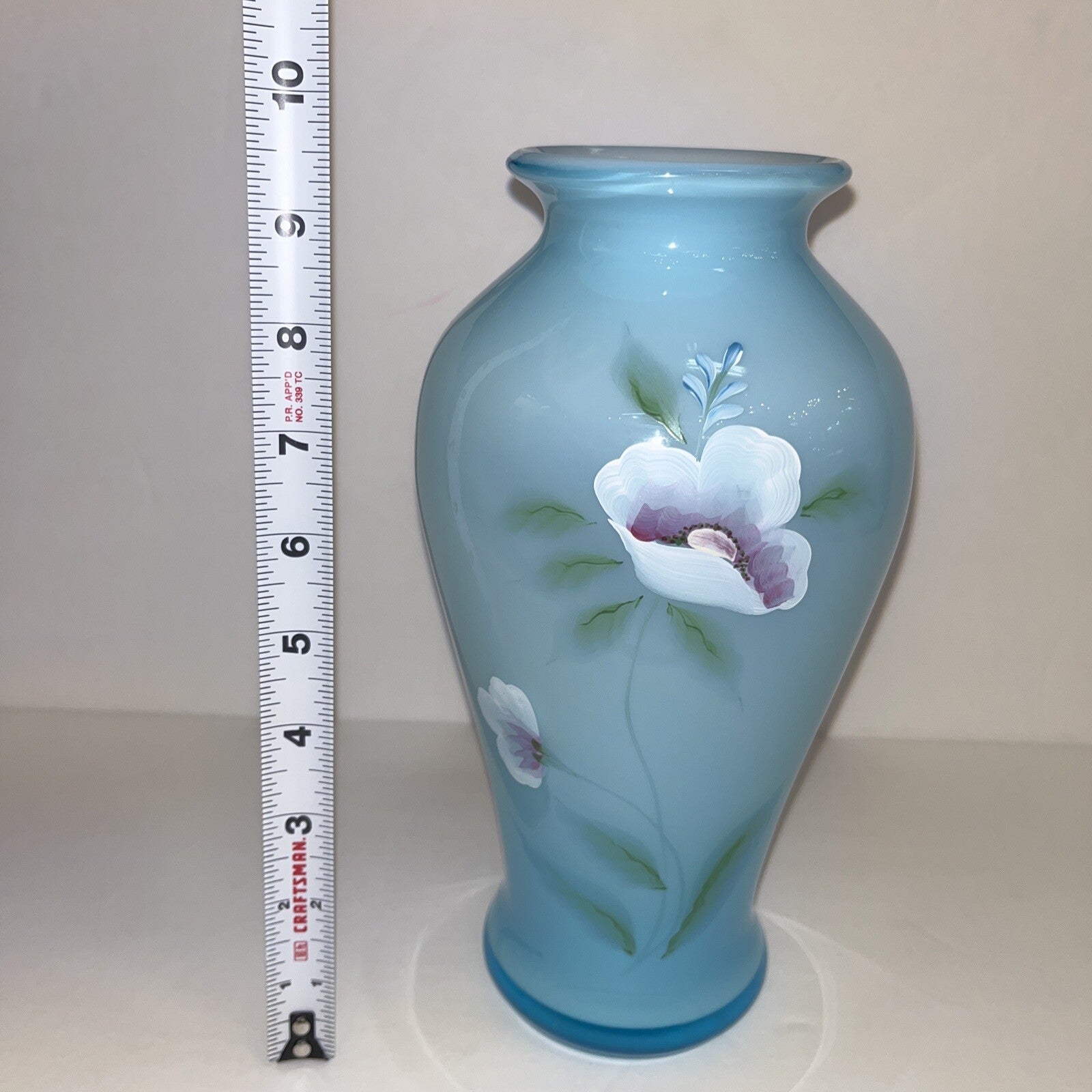 FENTON ART GLASS 2002 BLUE TOPAZ OVERLAY HAND PAINTED 9.5" VASE ~WILLIAMS