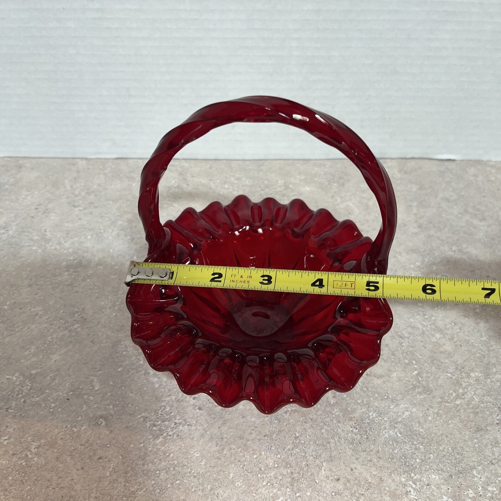 Vintage Fenton Ruby Red Smooth Glass Basket Ruffled Edges Twisted Handle