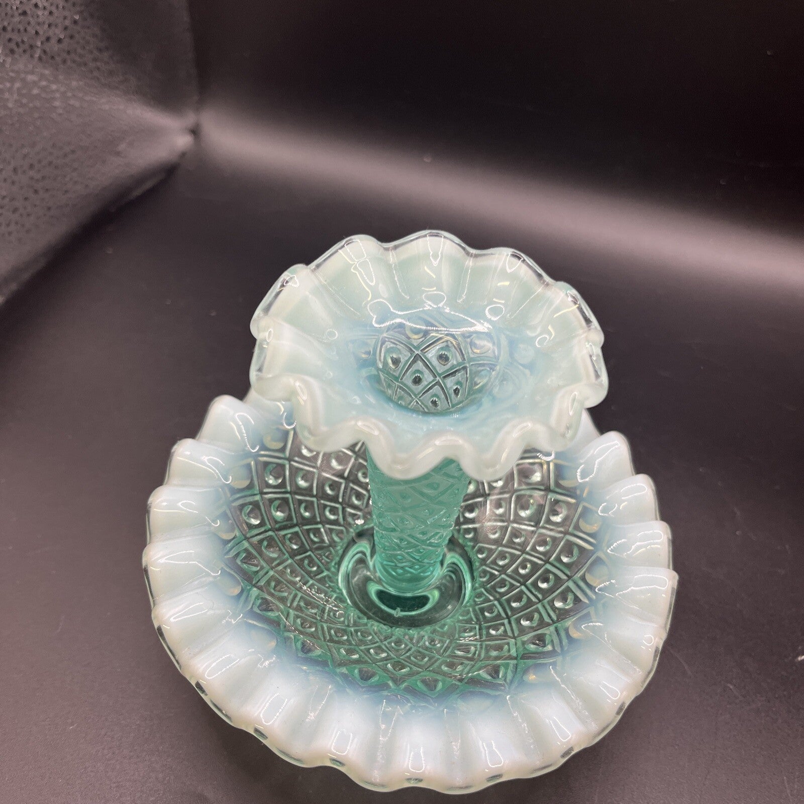 Vintage Fenton Blue/green  Opalescent Epergne Vase 1940s Hobnail Horned Vase