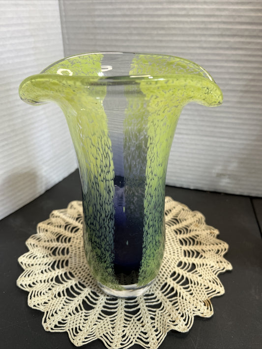 Vintage Teleflora Art Glass Vase Speckled Green Cobalt Blue Hand Blown 8”Tall