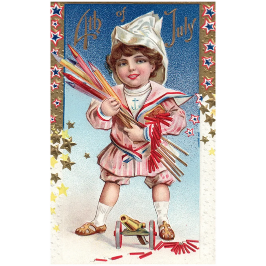 4th of July Child Holding Fireworks Gold Embossed Vintage Patriotic Postcard