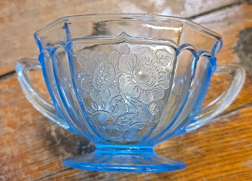 Anchor Hocking Blue Mayfair Open Rose depression glass Footed Creamer & Sugar