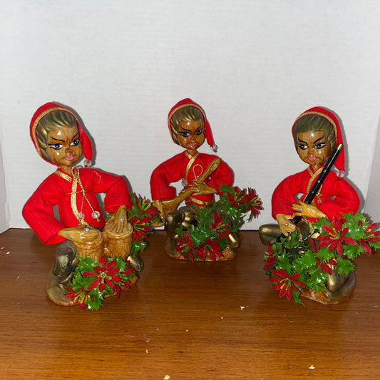 3 Vintage Asian Boys Playing Instruments Figurines Pixie Elf Hong Kong Christmas