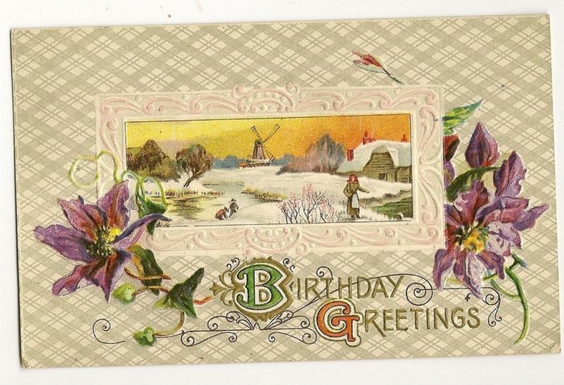 Birthday Series No 894 Floral Windmill scenic  Postcard