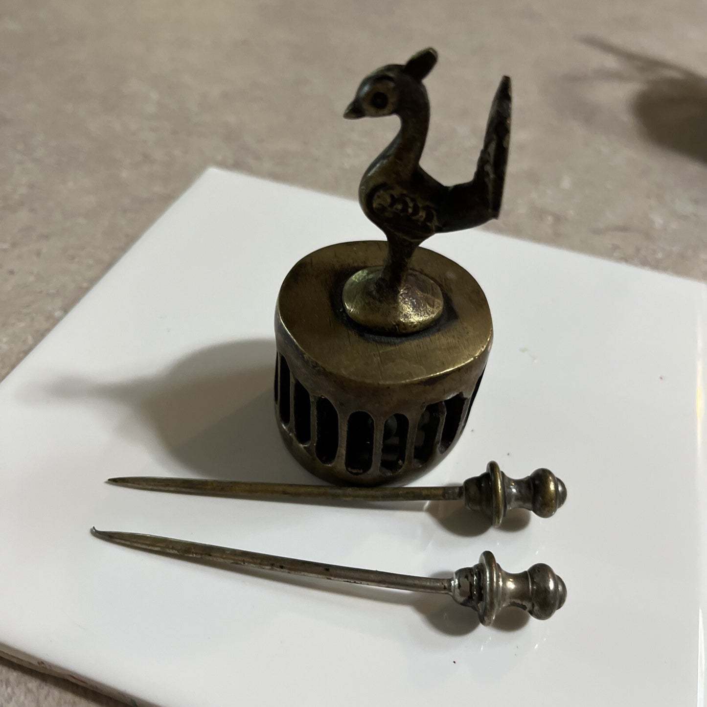 Vintage India Brass Peacock Figure Foot Scrubber 3" Tall x 1-1/2"