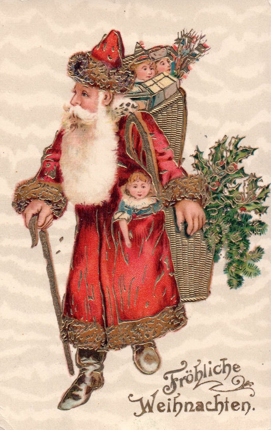Foreign Xmas Greetings Gold Gilt Santa Carrying Holly & Toys Santa Postcard
