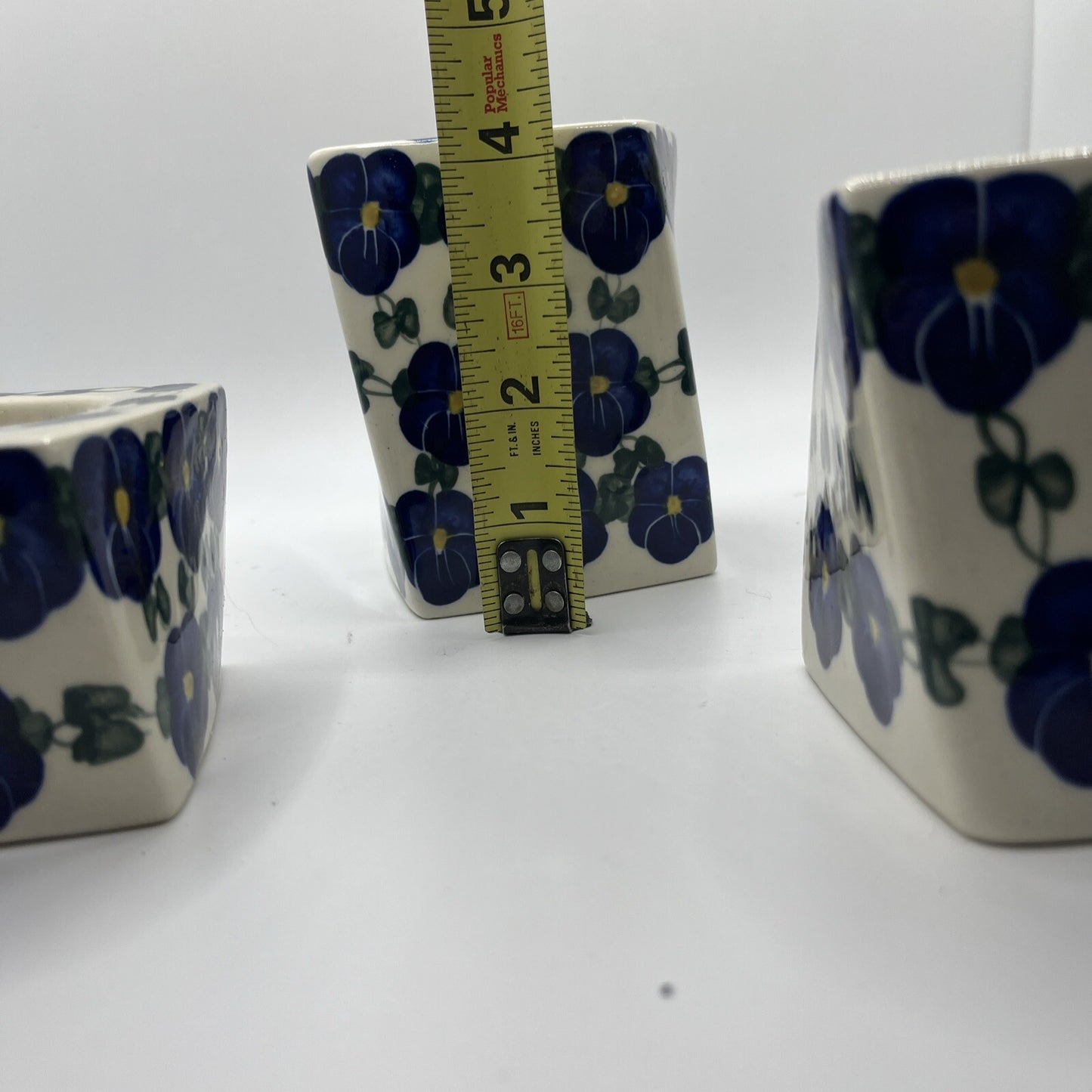 Polish Pottery Candle Holders Wild Blueberry Artistic Ceramics Set Of 3