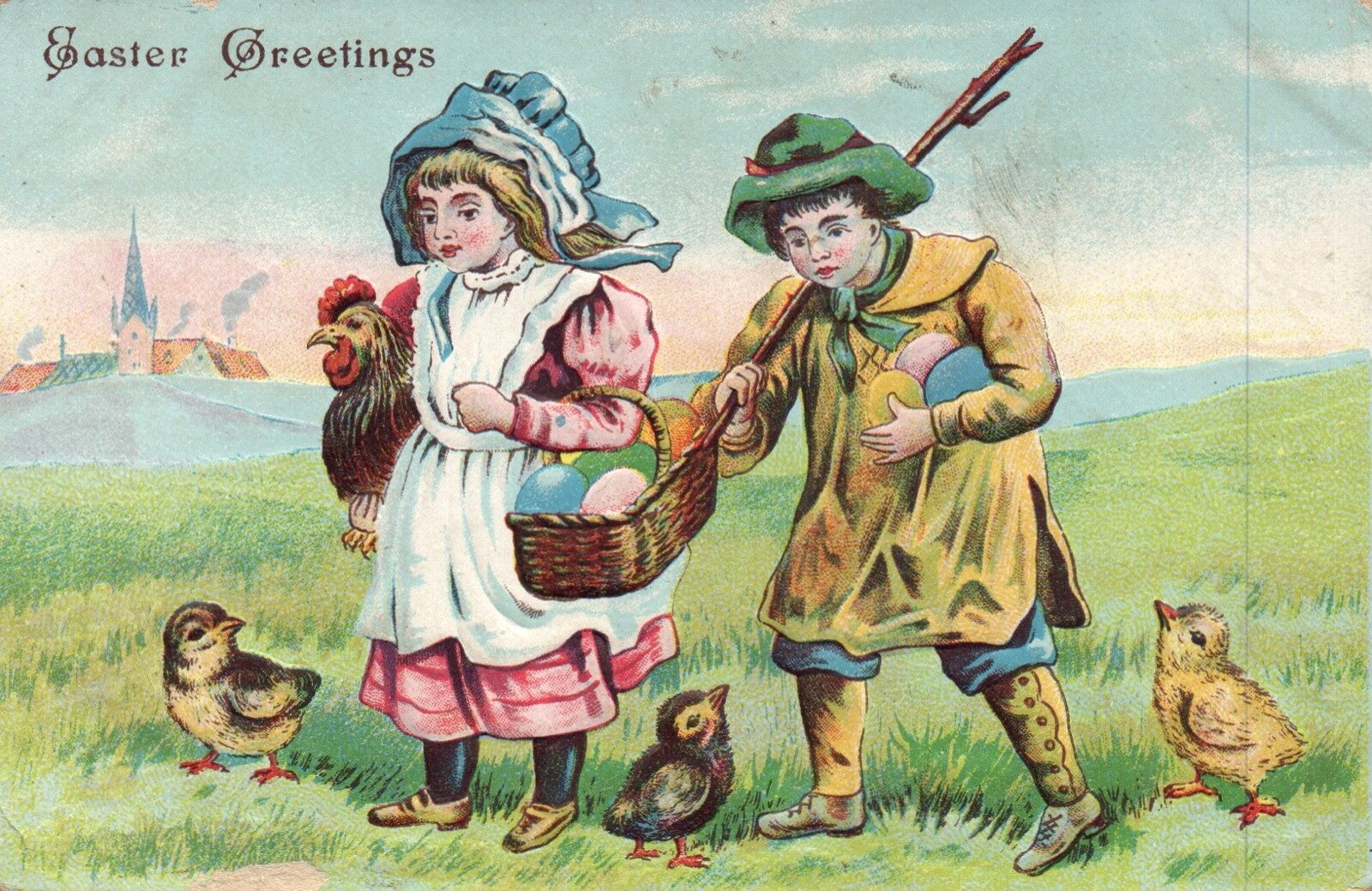  Easter Greetings Children with Chicks & Eggs Hen  Postcard Series 100
