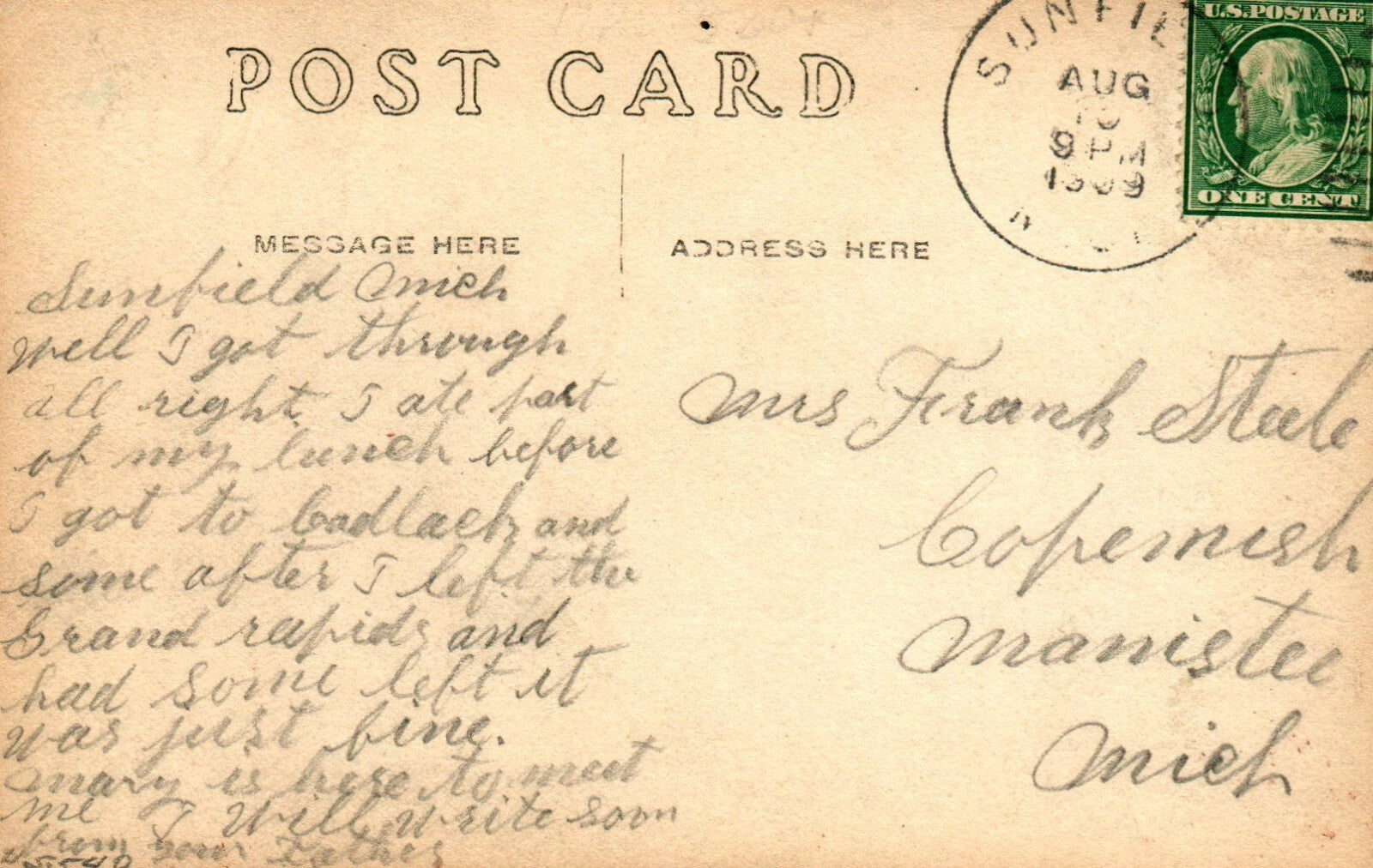 1909 Real Photo Aerial Sunfield Vintage Michigan MI Postcard Houses 