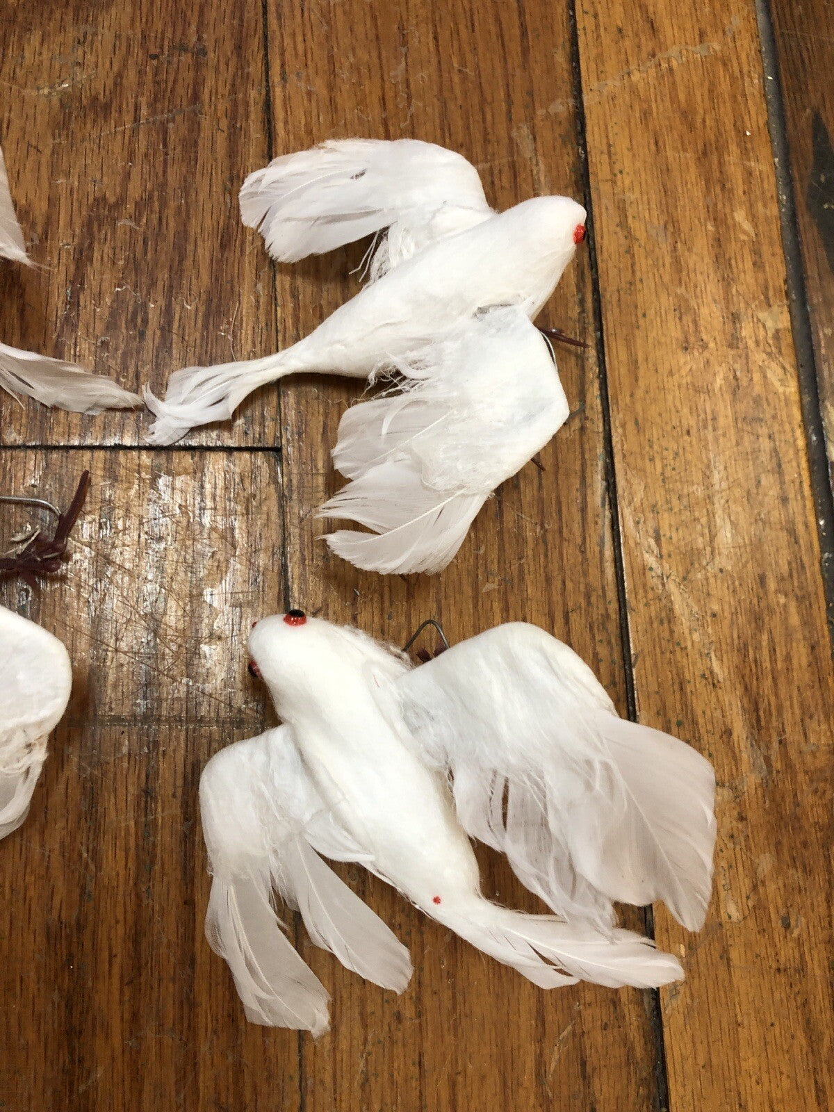 Vintage Christmas Wired DOVES Birds White Real Feathers Holiday Flocked