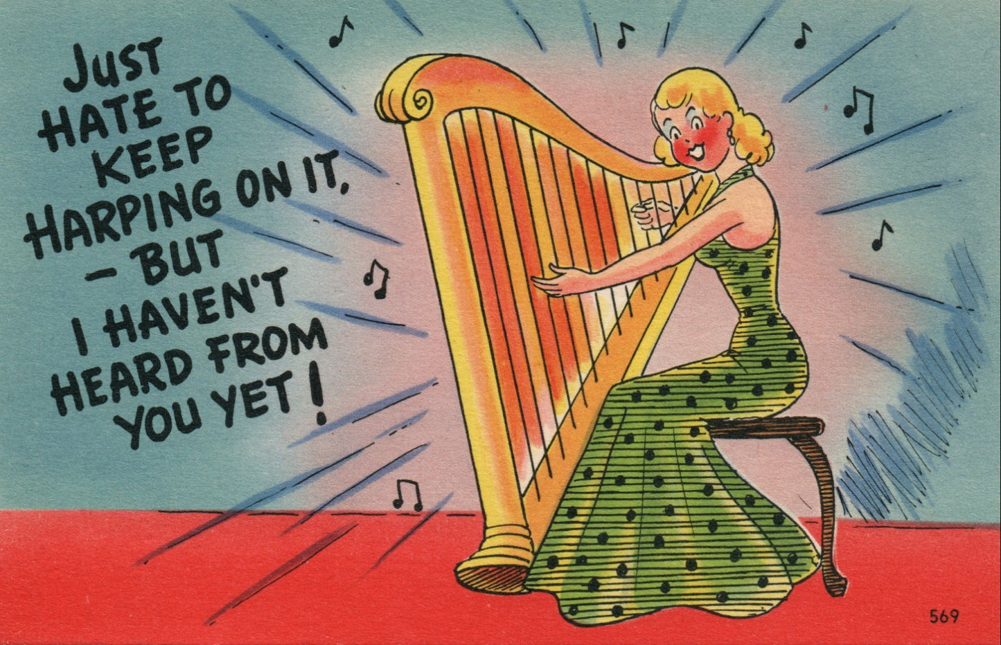 Blonde Woman Green Dress Playing Harp No 569 Vintage Comic Postcard