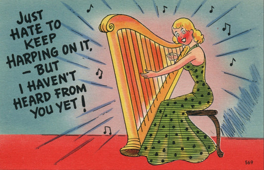 Blonde Woman Green Dress Playing Harp No 569 Vintage Comic Postcard