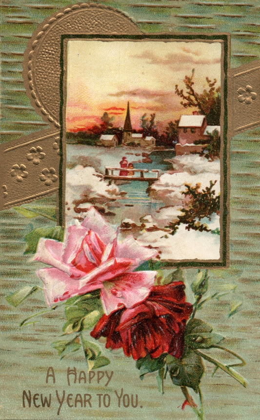 Beautiful Garre New Year Postcard Pink Red Roses Gold embossed  Vintage Postcard