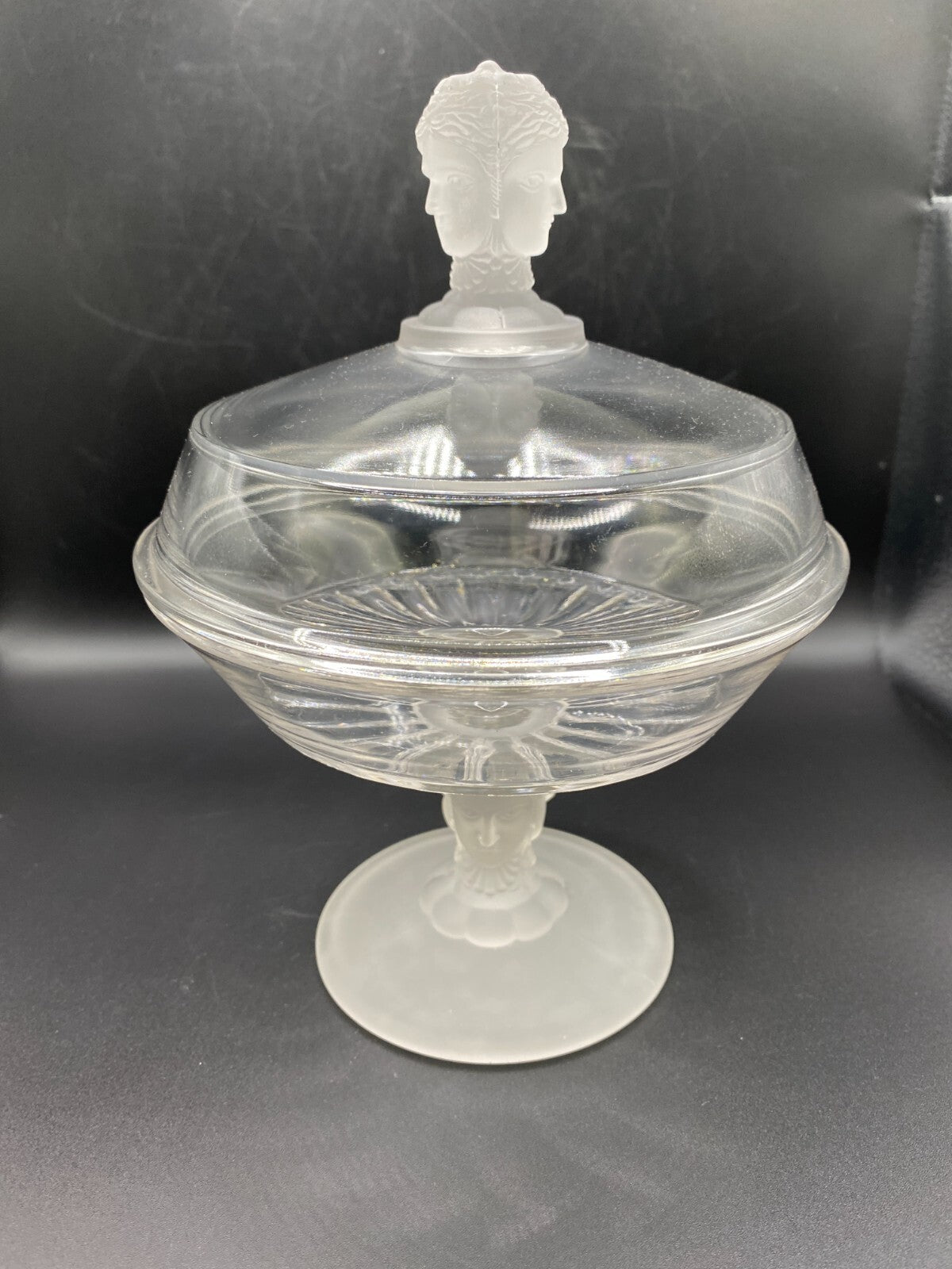 EAPG DUNCAN THREE FACES ENGRAVED CLEAR & Frosted GLASS MILLER COMPOTE Lid Heads