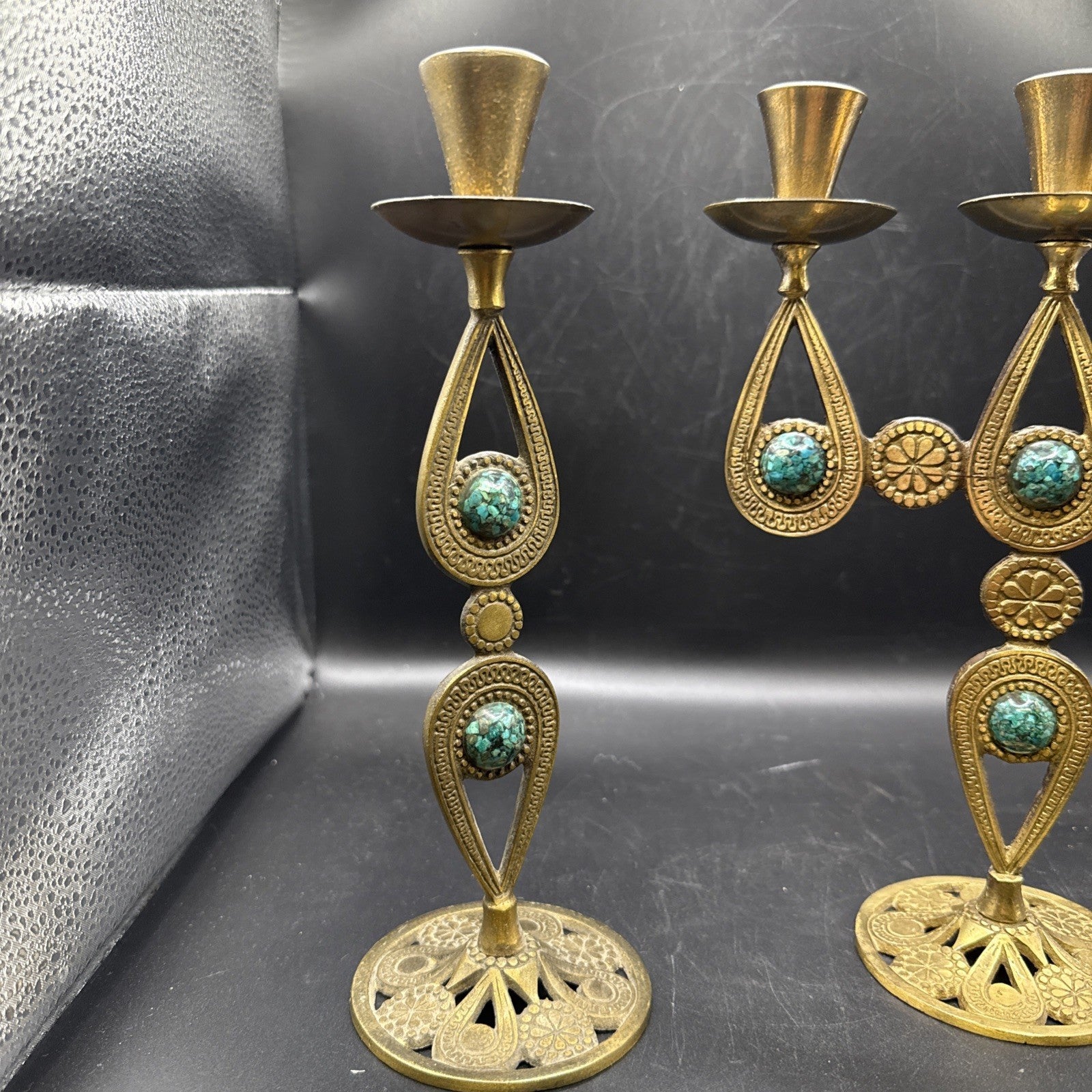 Vtg Israelian holyland brass candlesticks w/green Eliats