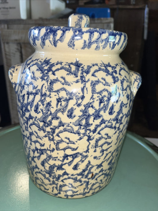 Robinson Ransbottom BLUE Sponge ware 4 Qt  LIDDED CANISTER Roseville USA