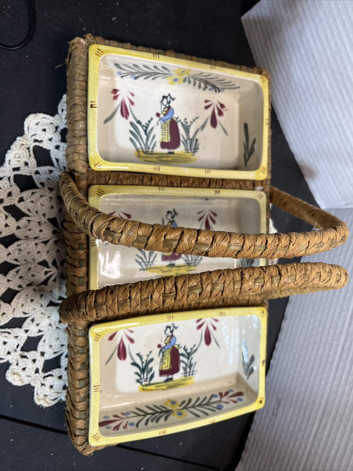 Vintage serving dish in basket three compartments wicker handpainted