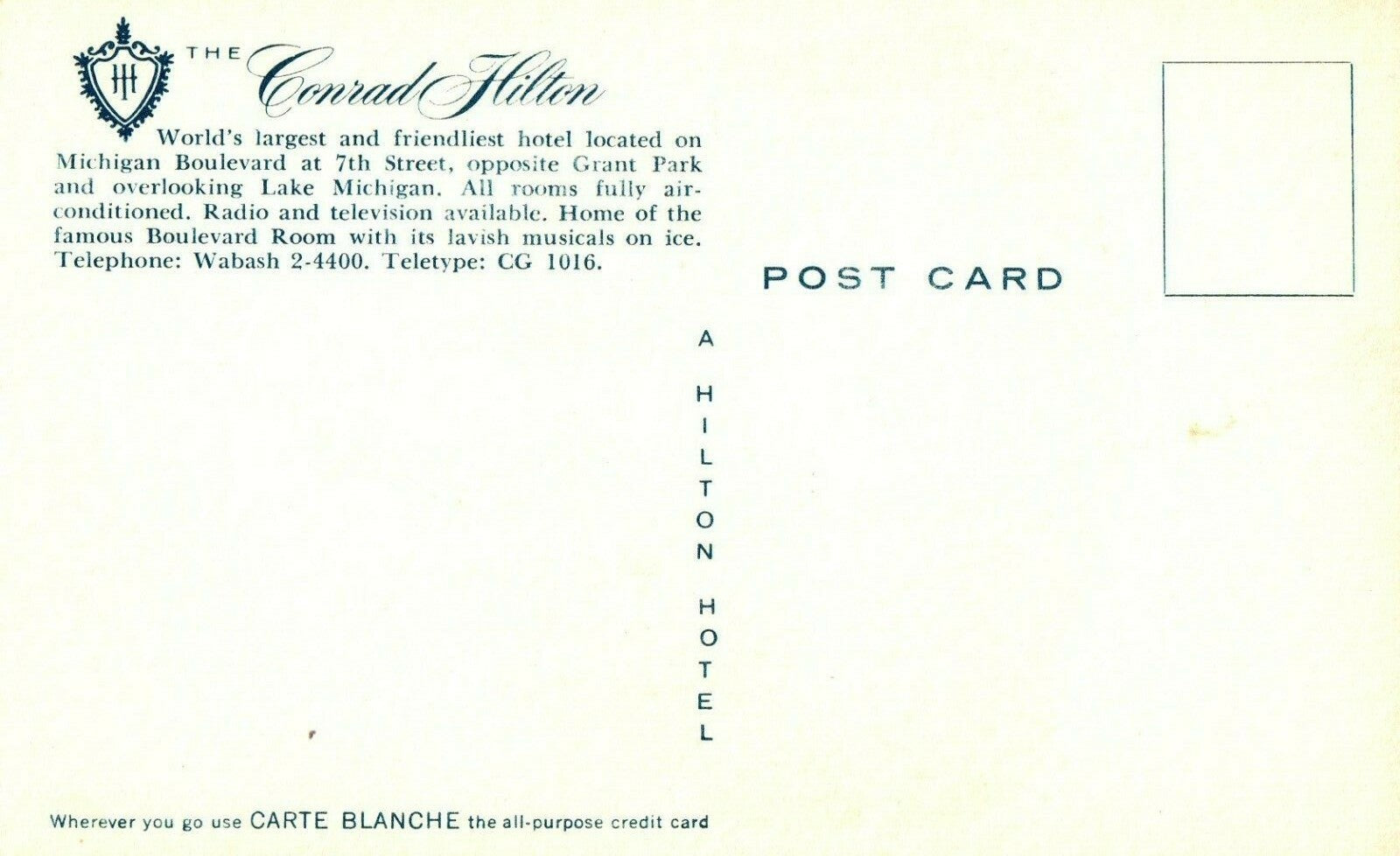 Convention Capital Conrad Hilton Chicago Hotel Motel Postcard