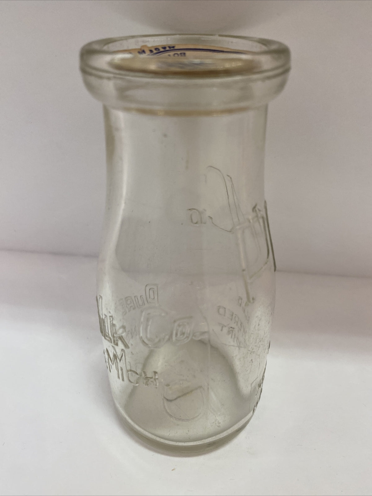 Pure Milk Dairy Co Lansing MI Michigan 1/2 pt half pint milk bottle clear PM Co