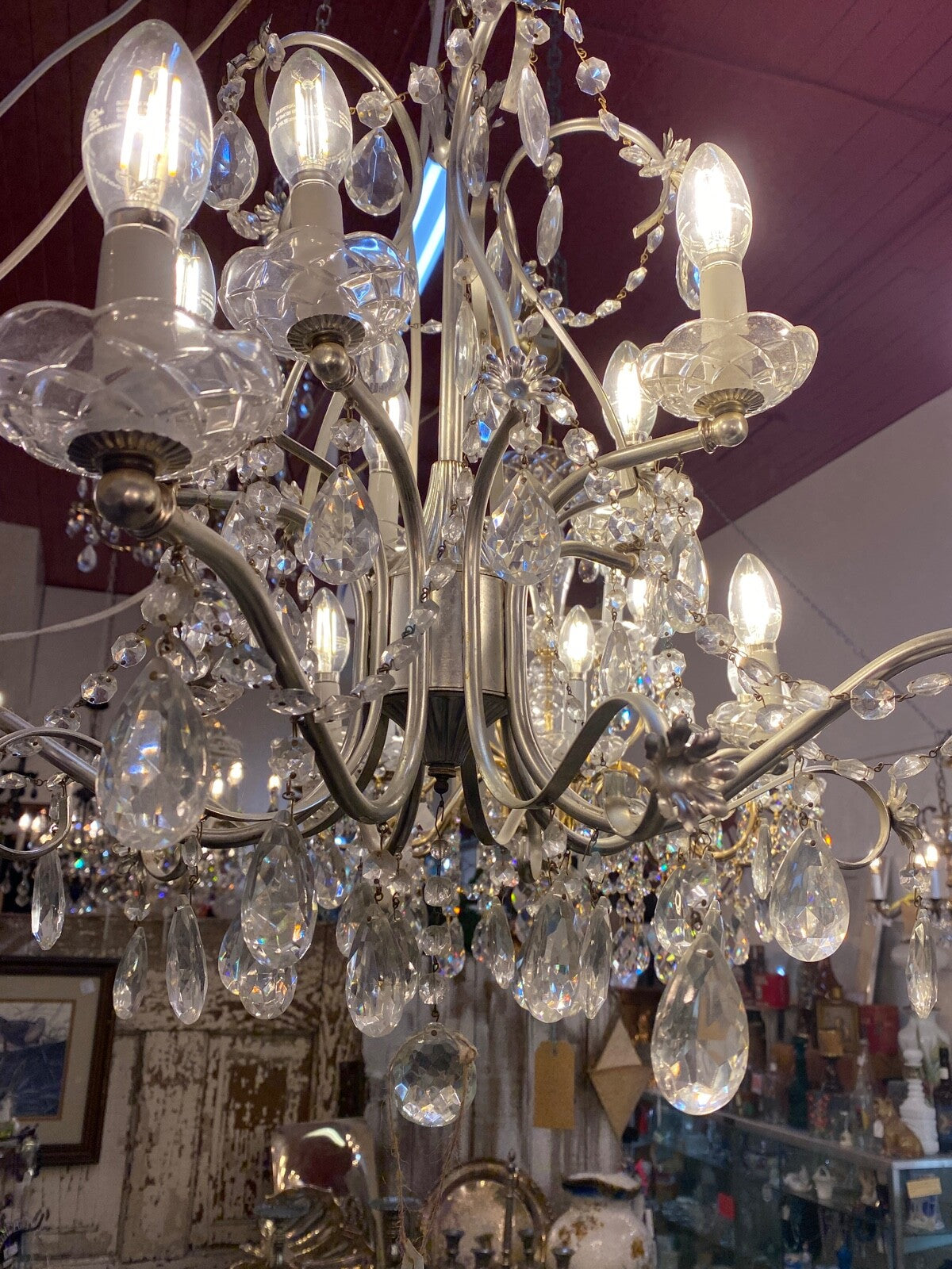 1950s mid century 10 arm silver and crystal chandelier 