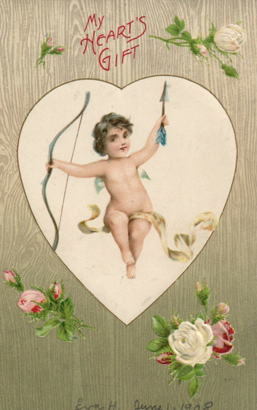 Cupid Holding Bow and Arrow White and Pink Roses Valentines Postcard