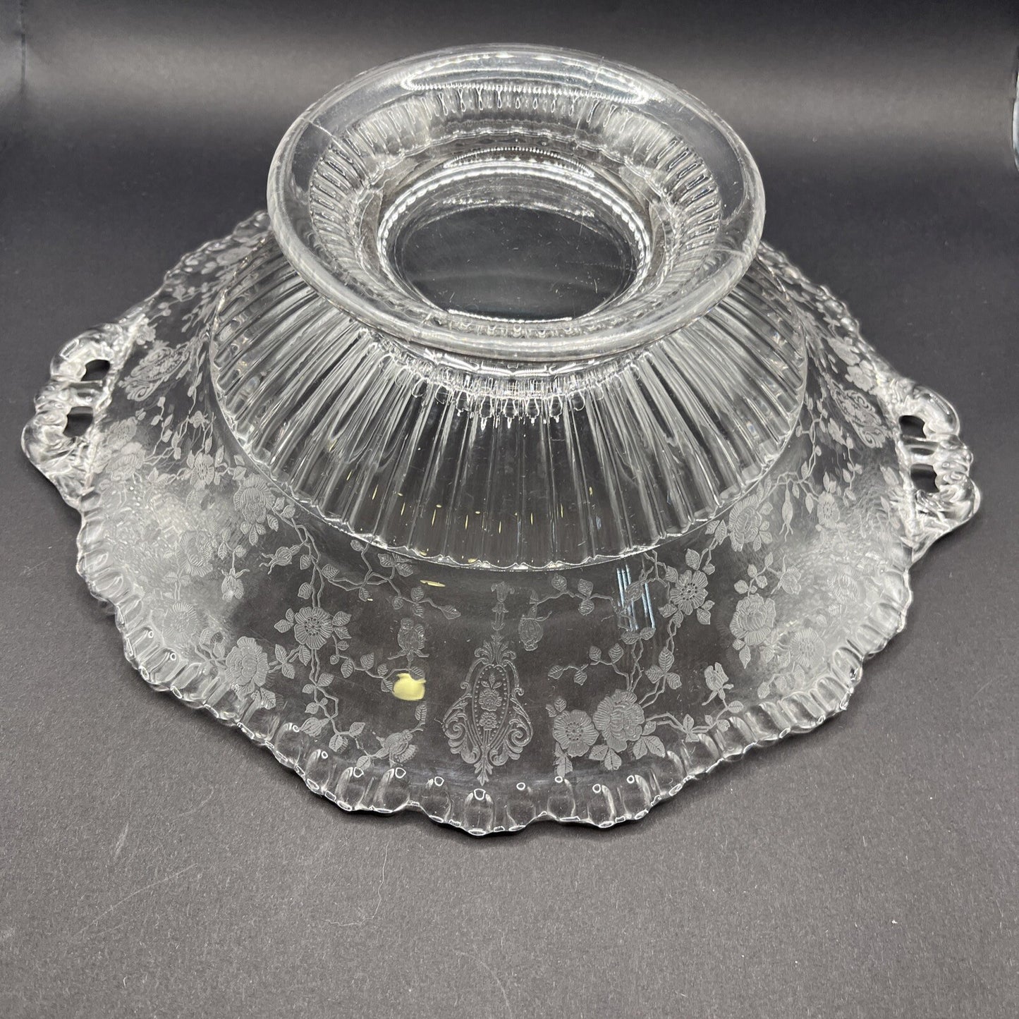 CAMBRIDGE GLASS CO  ROUND FOOTED CONSOLE BOWL - GRAY CUT FLORAL DECOR 10”