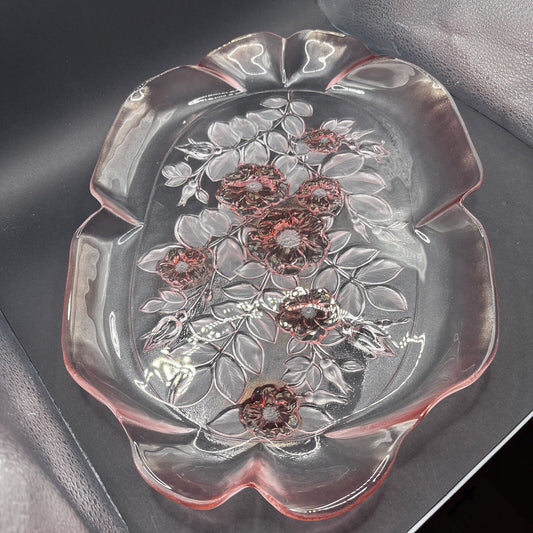 BEAUTIFUL VTG 80'S Sturdy Mikasa ROSELLA  Crystal Platter Dish Frosted Pink Rose