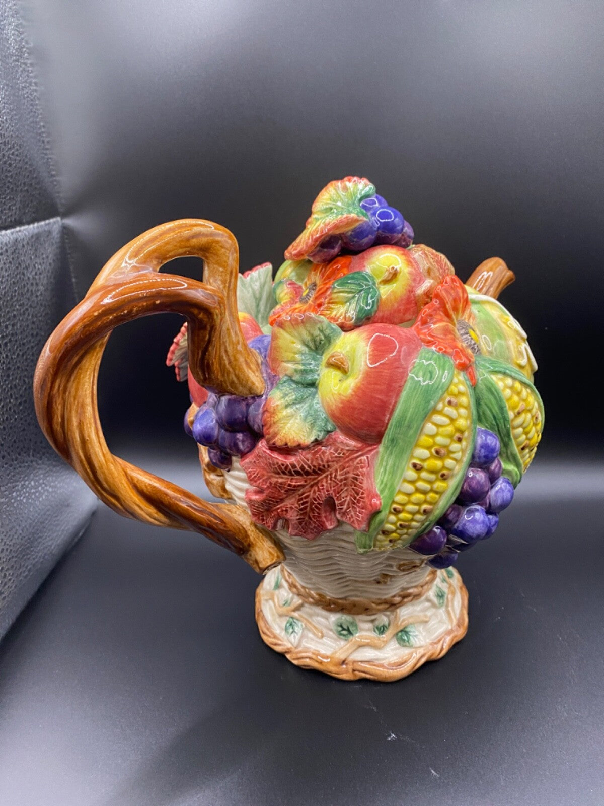 Vintage Fitz And Floyd Harvest Fall Ceramic Pumpkin Grapes Leaf Teapot  1997