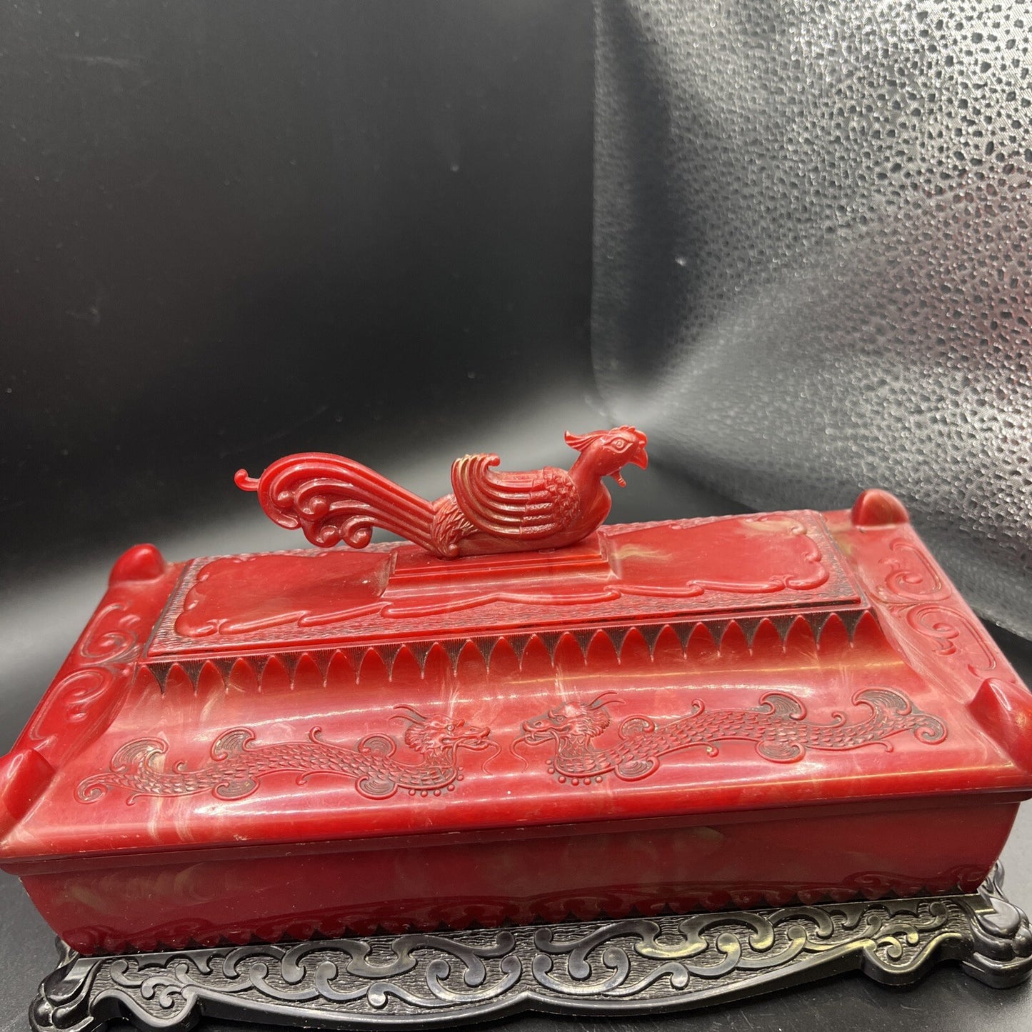 1940s Vintage Asian Red Dragon Celluloid Trinket Jewelry Box 