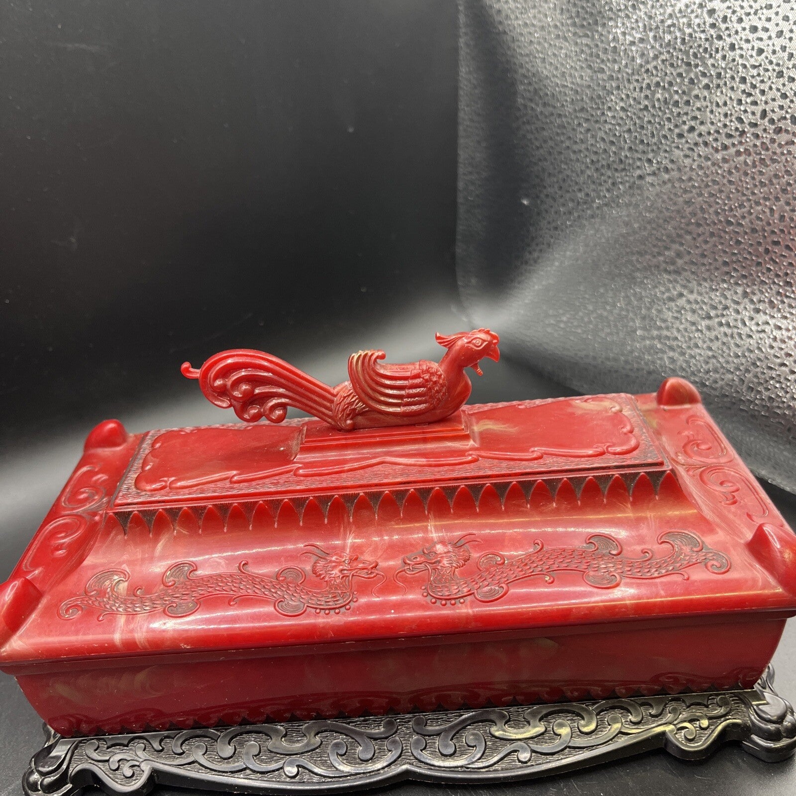 1940s Vintage Asian Red Dragon Celluloid Trinket Jewelry Box 