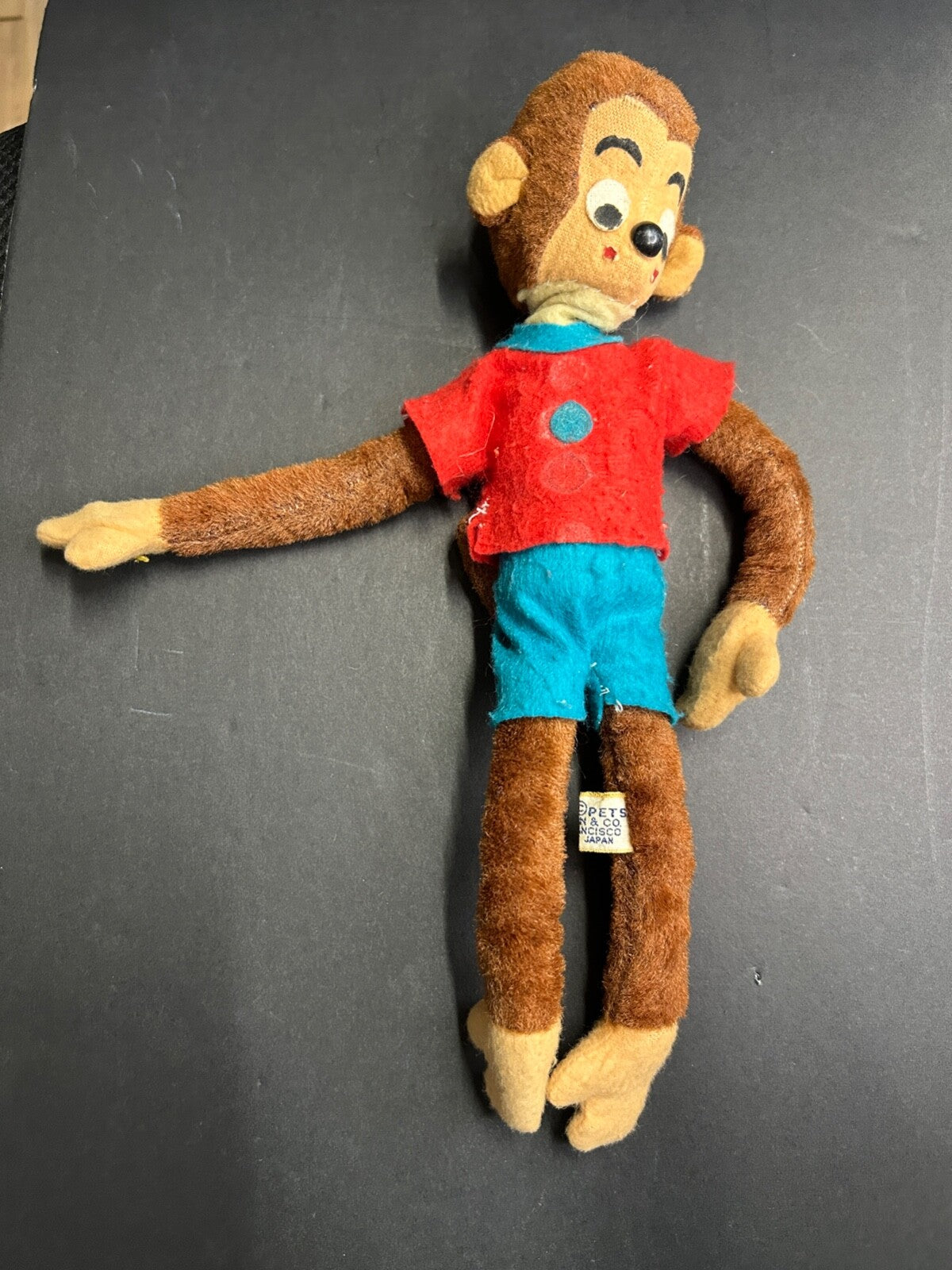 Vintage Dream Pets R Dakin Brown Plush MONKEY Toy Red Shirt Blue Pants Japan