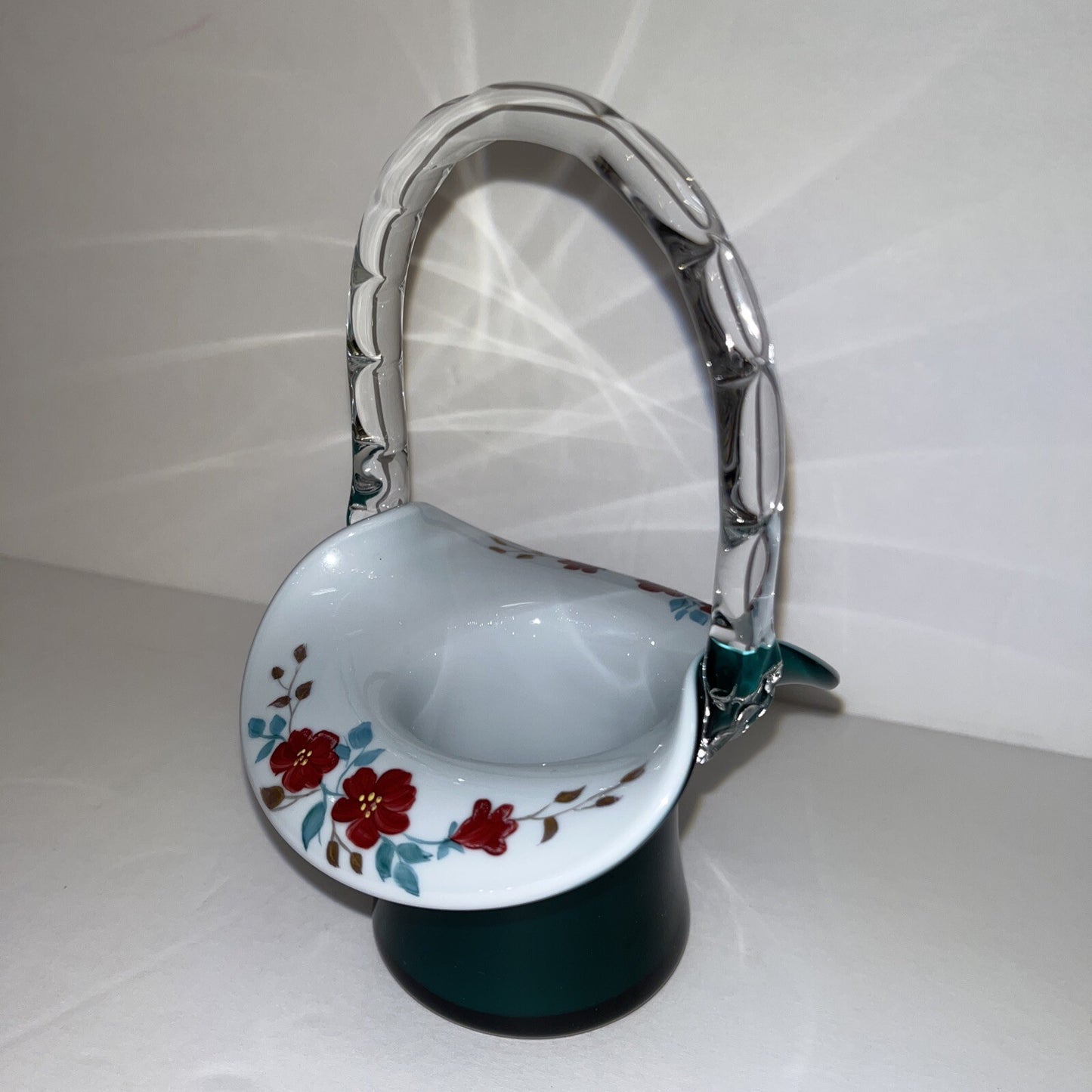 FENTON VINTAGE HAND PAINTED WILD ROSES ON TEAL OVERLAY TOP HAT BASKET LIM. ED.