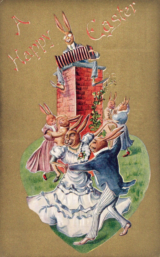 A Happy Easter Rabbits Dancing Together Gold Shimmer Vintage Easter Postcard