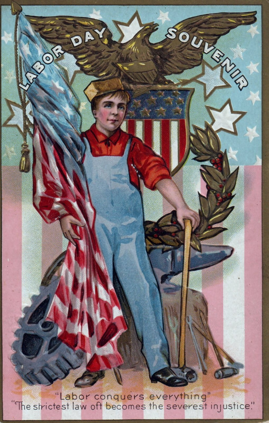 Patriotic Labor Day Souvenir Postcard Man Boy Holding Flag & Anvil Golden Eagle