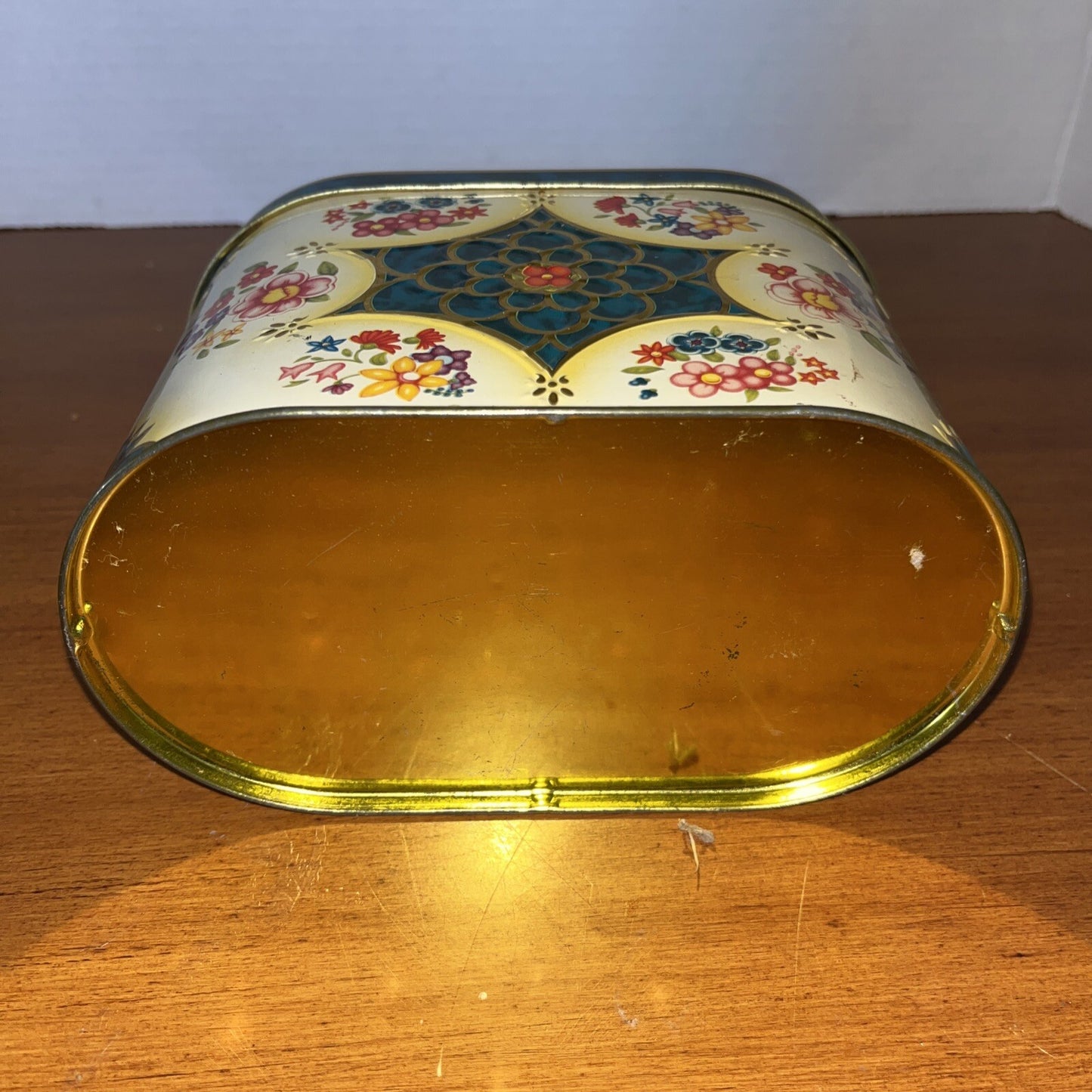 Vintage Oval Blue Green Yellow Metal Candy Tin Wild Flowers 5" High