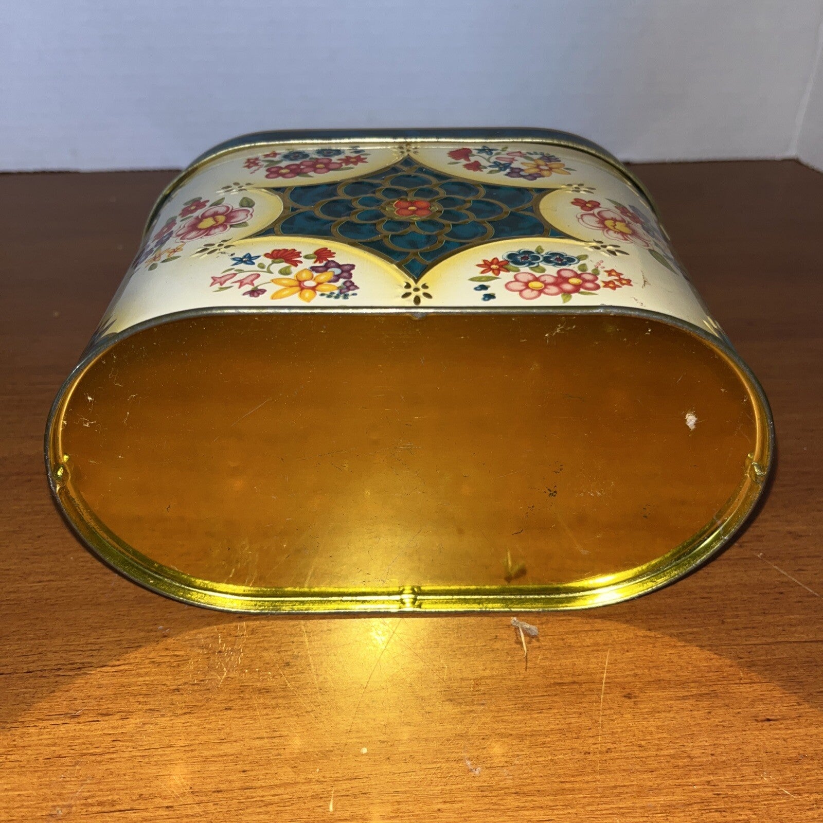 Vintage Oval Blue Green Yellow Metal Candy Tin Wild Flowers 5" High