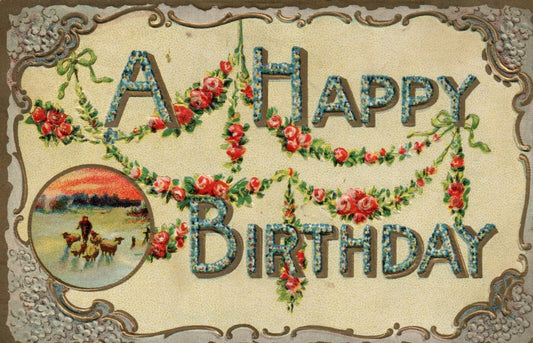 2198 Gold Metallic Flower Garland Scenic Boy with Sheep Happy Birthday Postcard