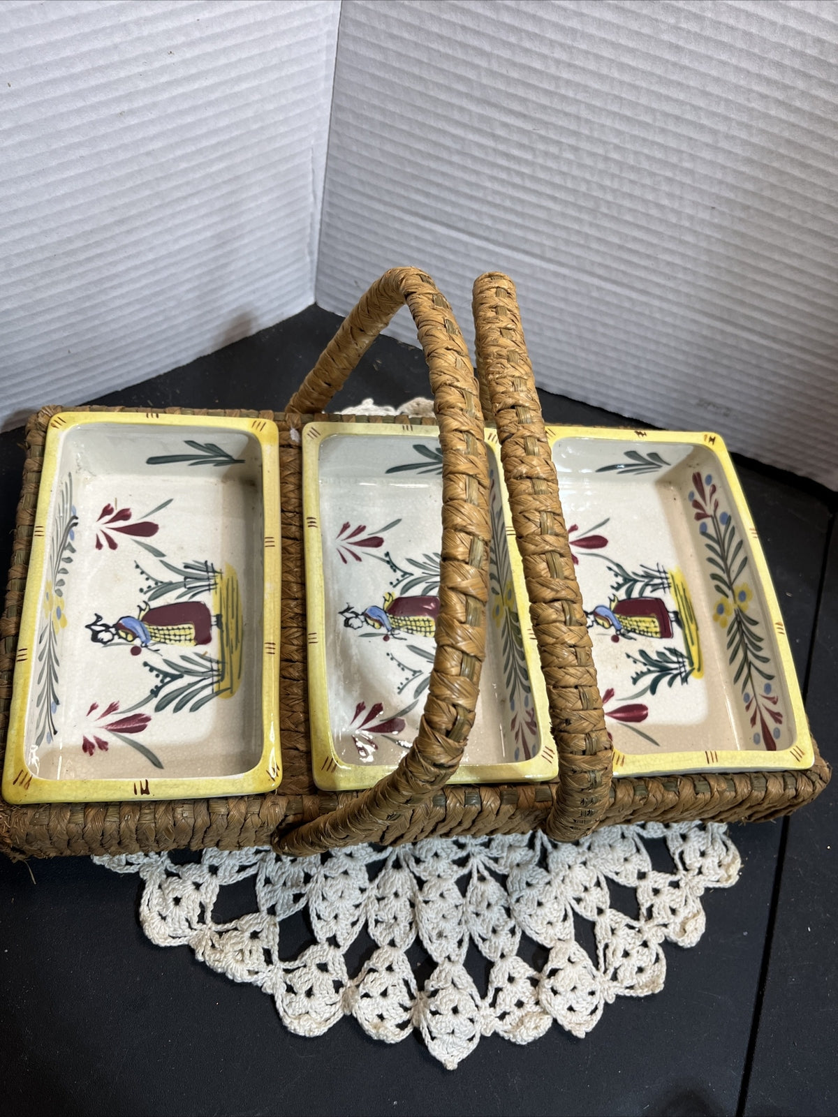 Vintage serving dish in basket three compartments wicker handpainted