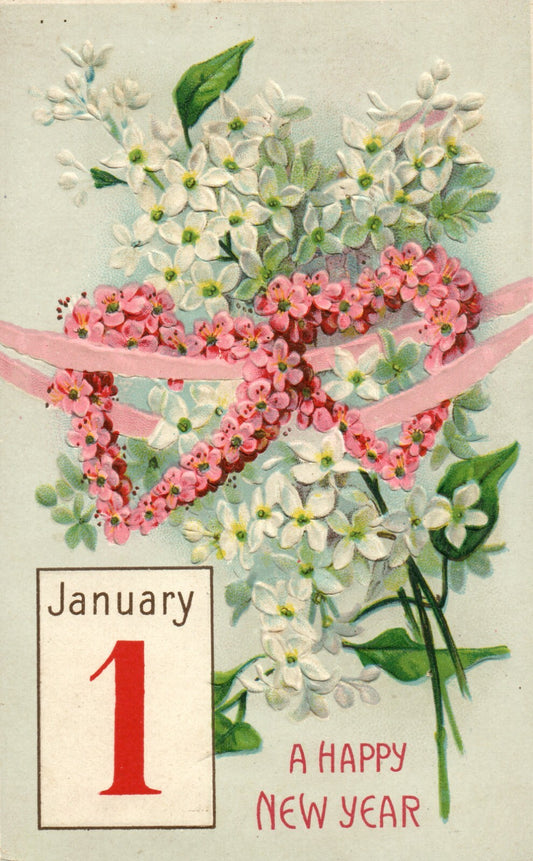 1911 Pink Flowers and Hydrangea Hearts Happy New Year Postcard BW 332